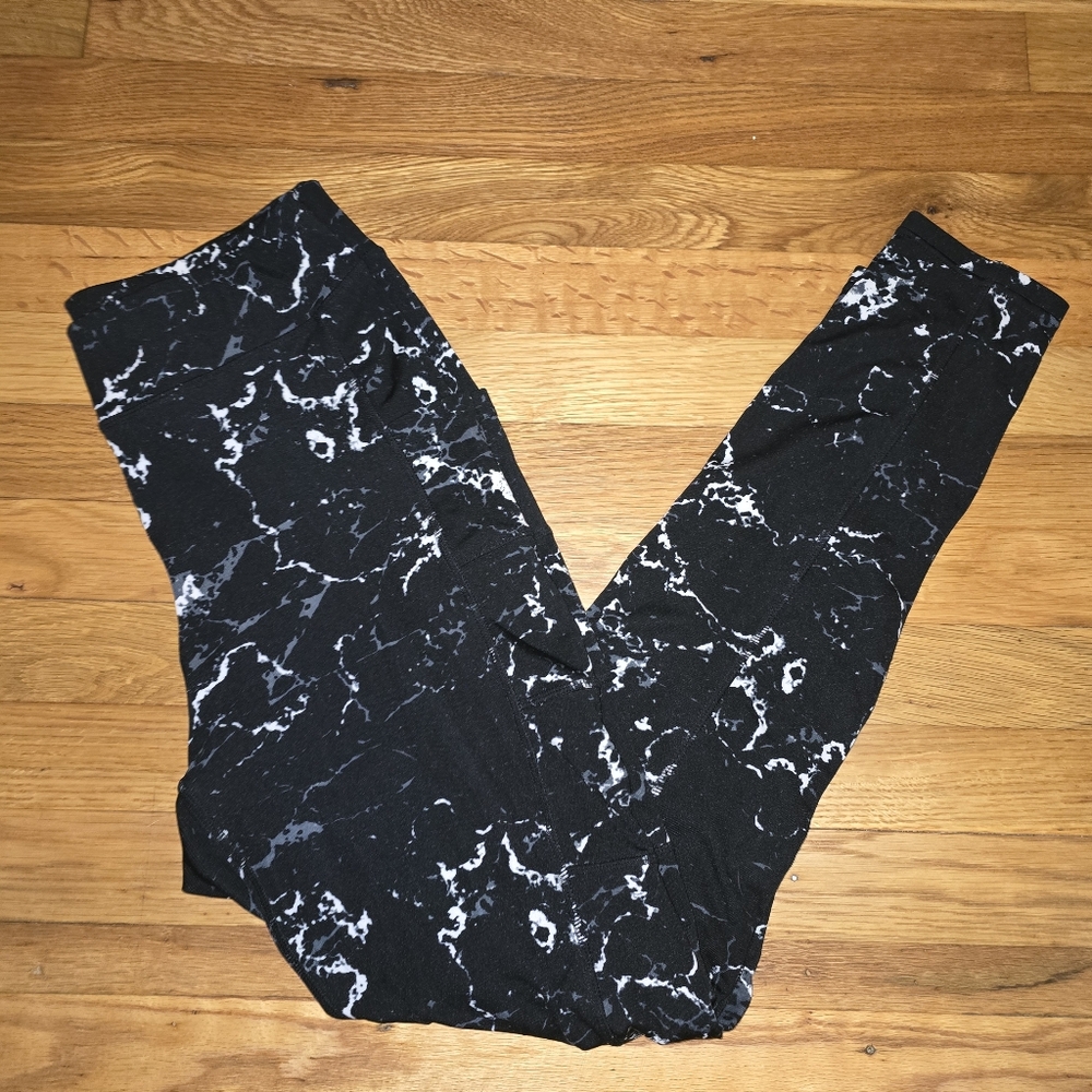 POP Fit Women's Black & White Marble Print Leggings W 2 Side Pockets Size Large - Picture 1 of 7
